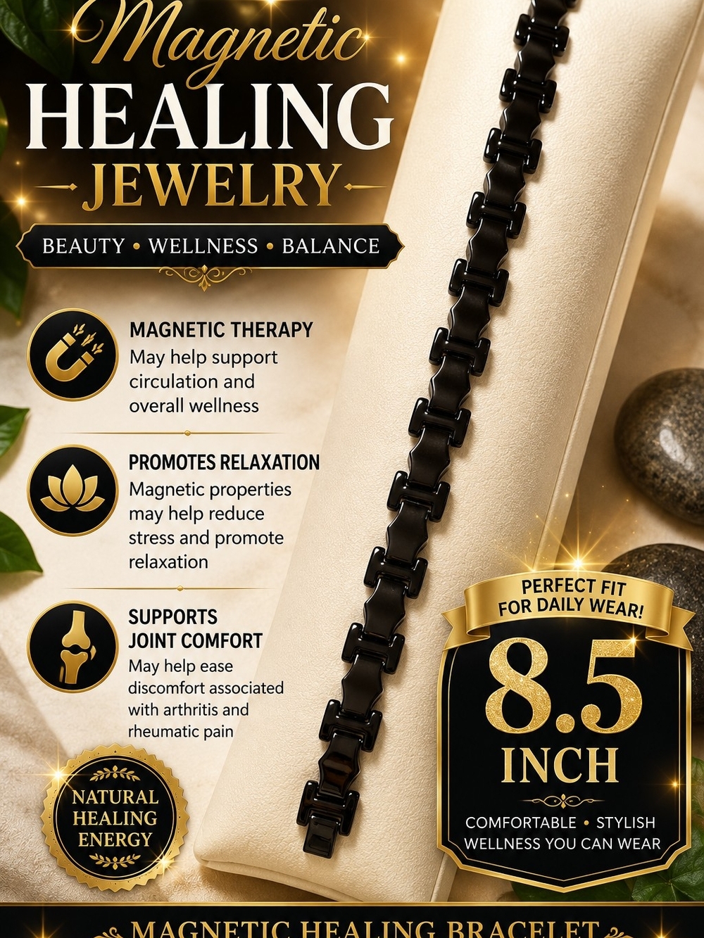 Magnetic Healing Bracelet for Women - Black 8.5 Inch